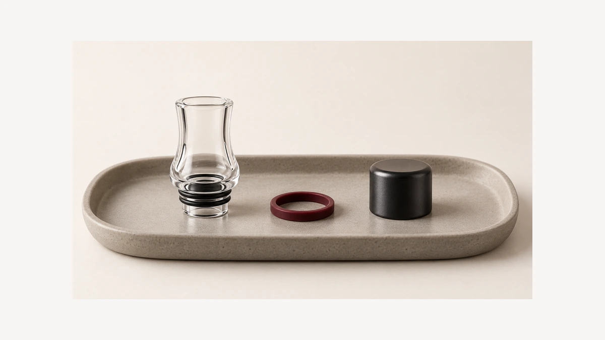 Empty glass mouthpiece with visible rings beside separate ring and cap