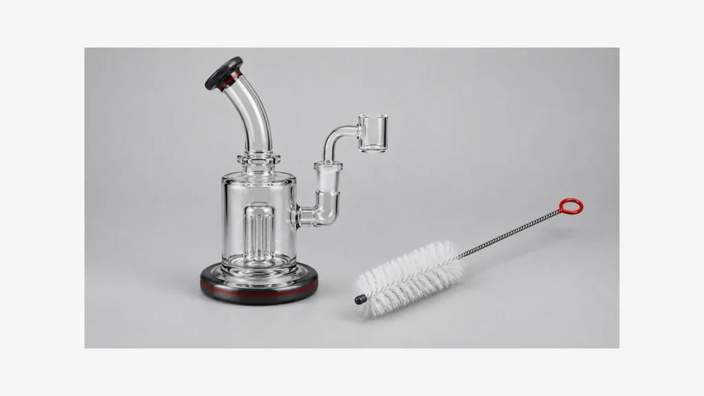Empty glass rig beside a separate long cleaning brush
