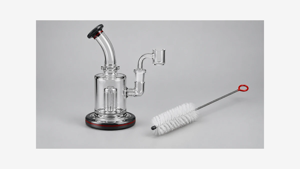 Empty glass rig beside a separate long cleaning brush Empty glass rig beside a separate long cleaning brush