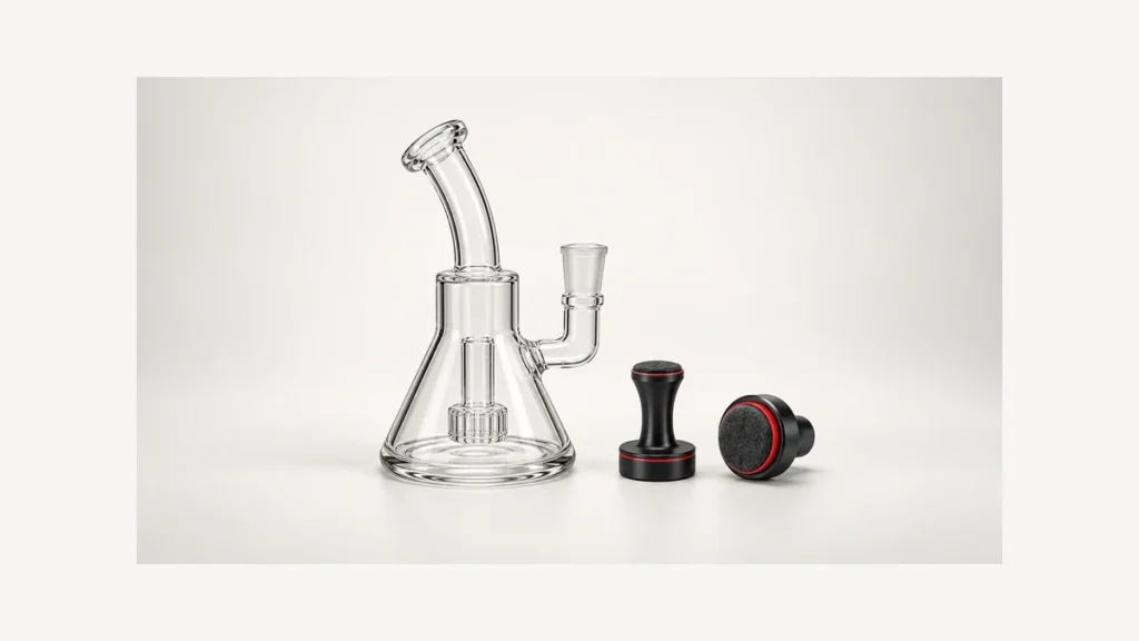 Empty glass rig beside separate padded magnetic cleaner components