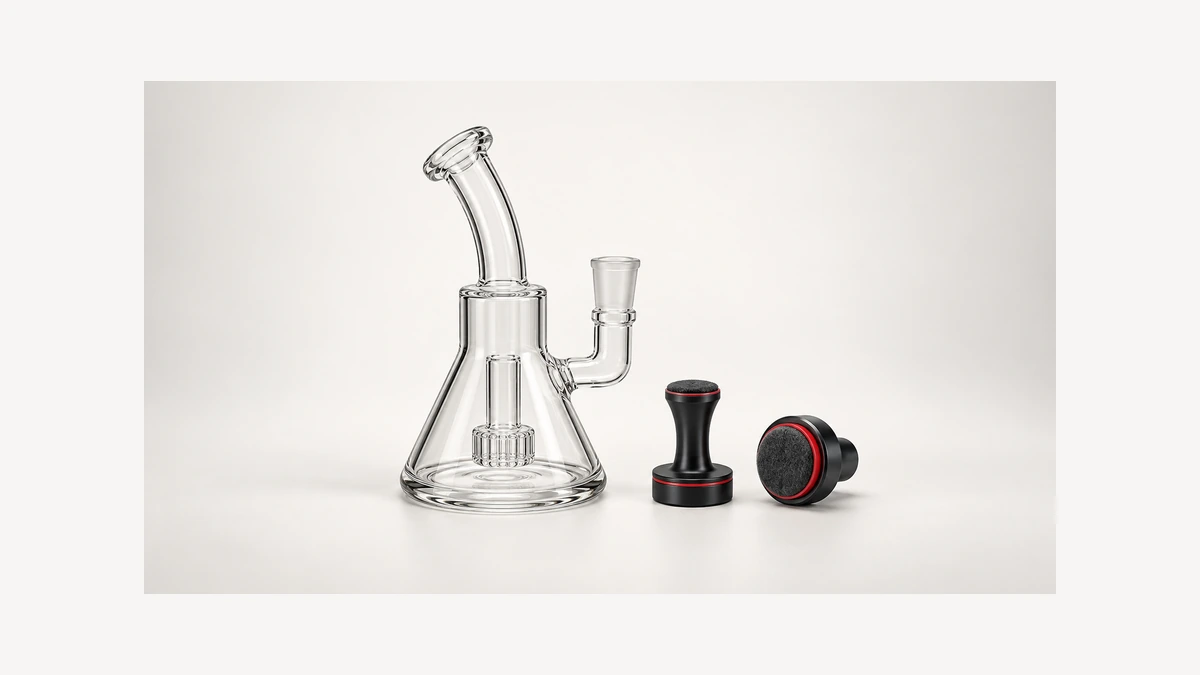 Empty glass rig beside separate padded magnetic cleaner components