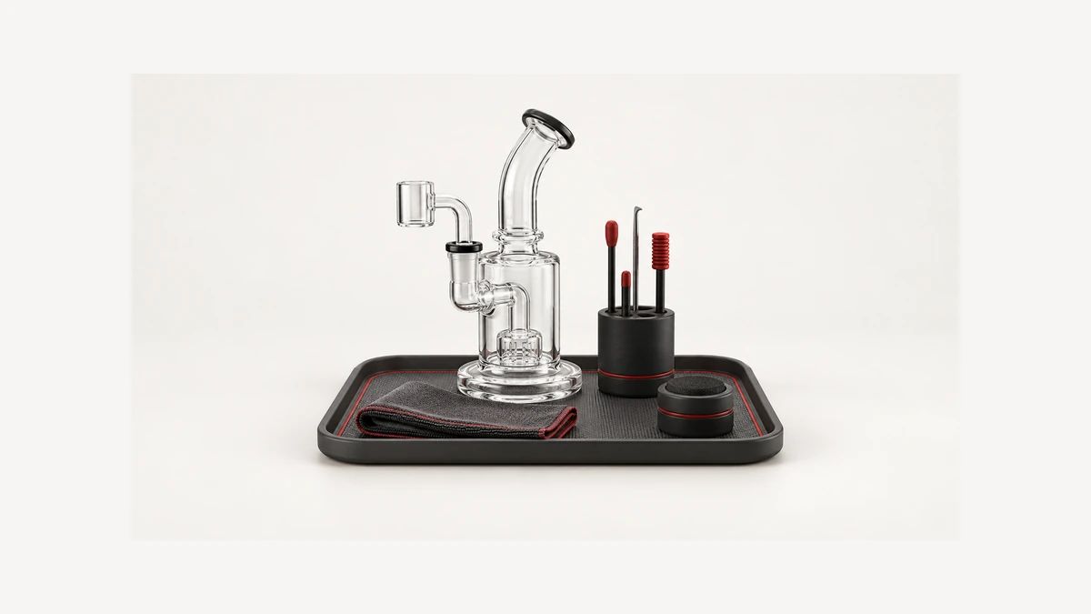 Empty glass rig on a tray beside separate cleaning supplies