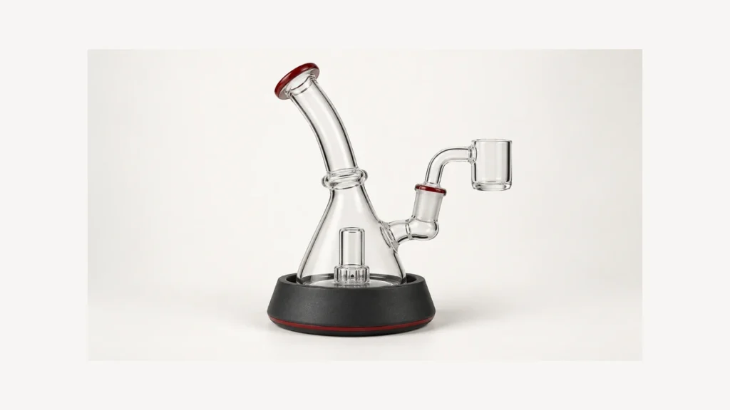 Empty glass rig seated in a broad base holder