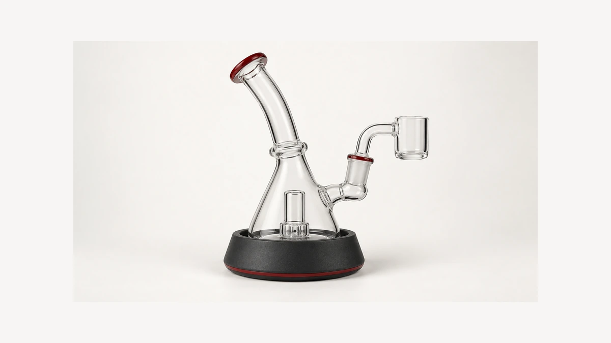 Empty glass rig seated in a broad base holder