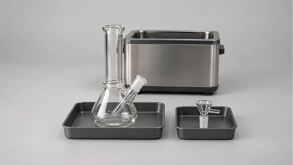Empty glass water pipe and detached bowl in dry trays outside an ultrasonic bath