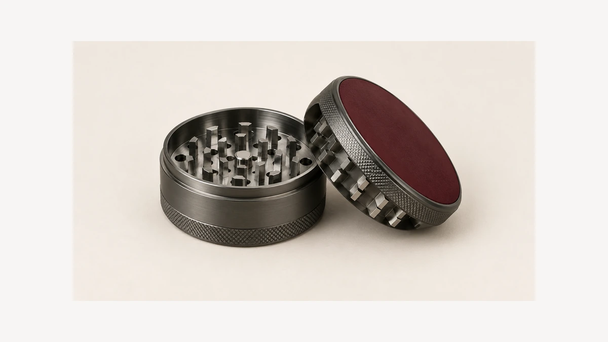 Empty grinder halves showing metal teeth and a burgundy exterior lid