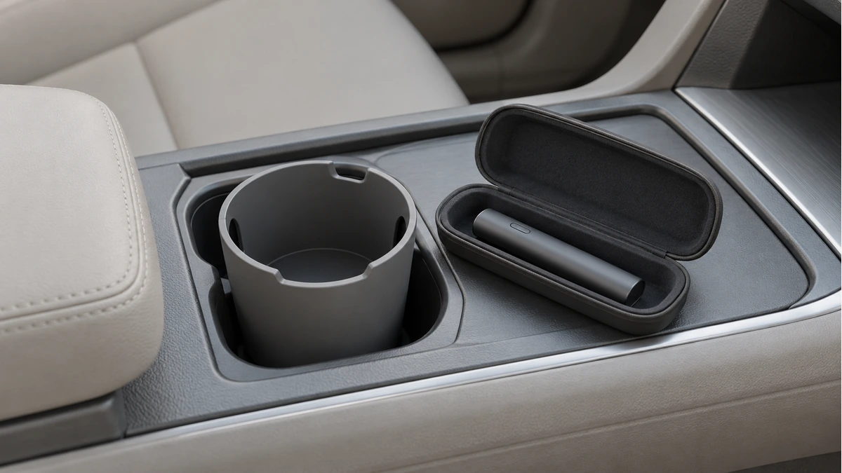 Empty holder in a parked car console beside a separately cased wax pen