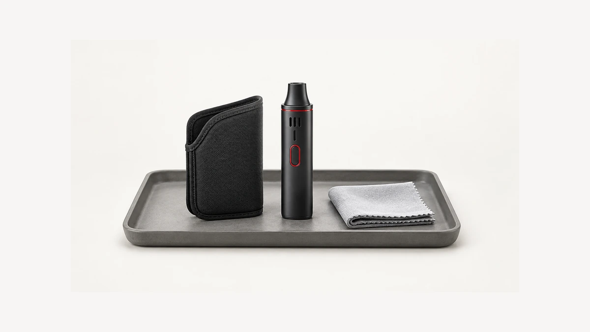 Empty holster and unpowered vaporizer beside a dry cloth