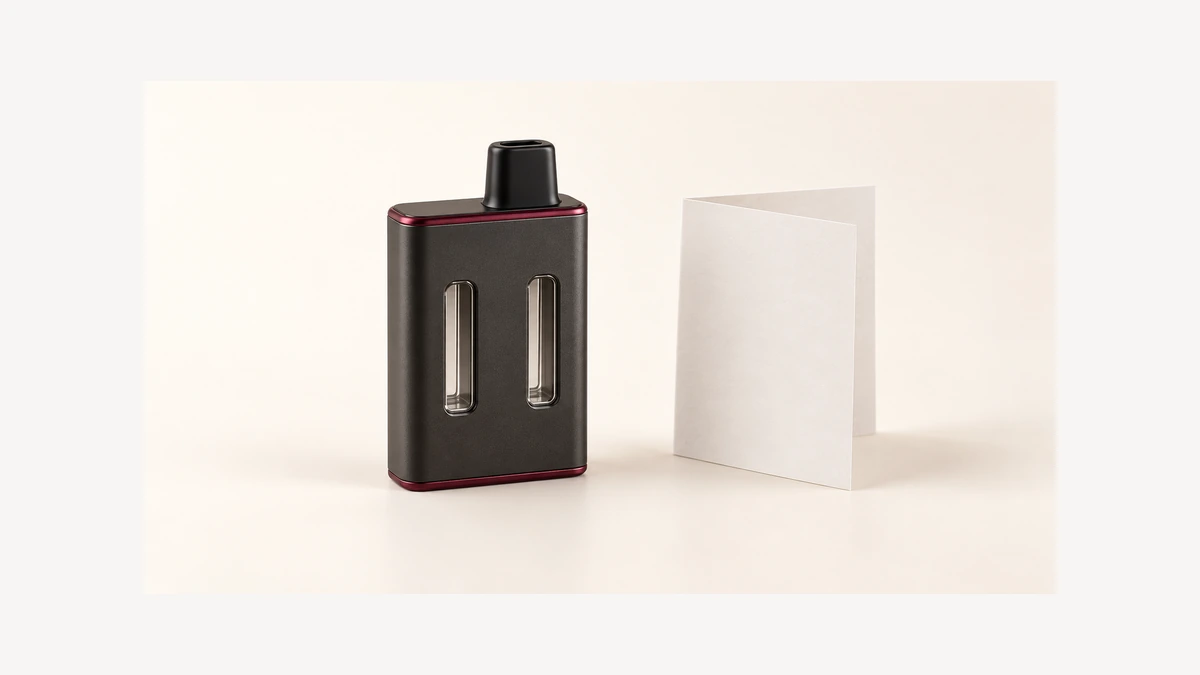 Empty integrated dual window oil vaporizer beside blank folded care leaflet