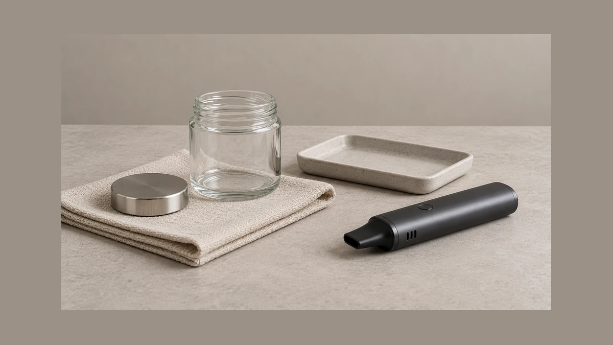 Empty jar and detached lid on a dry cloth beside an unpowered vaporizer