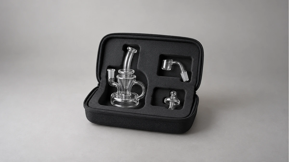 Empty mini recycler rig and detached accessories in a padded case