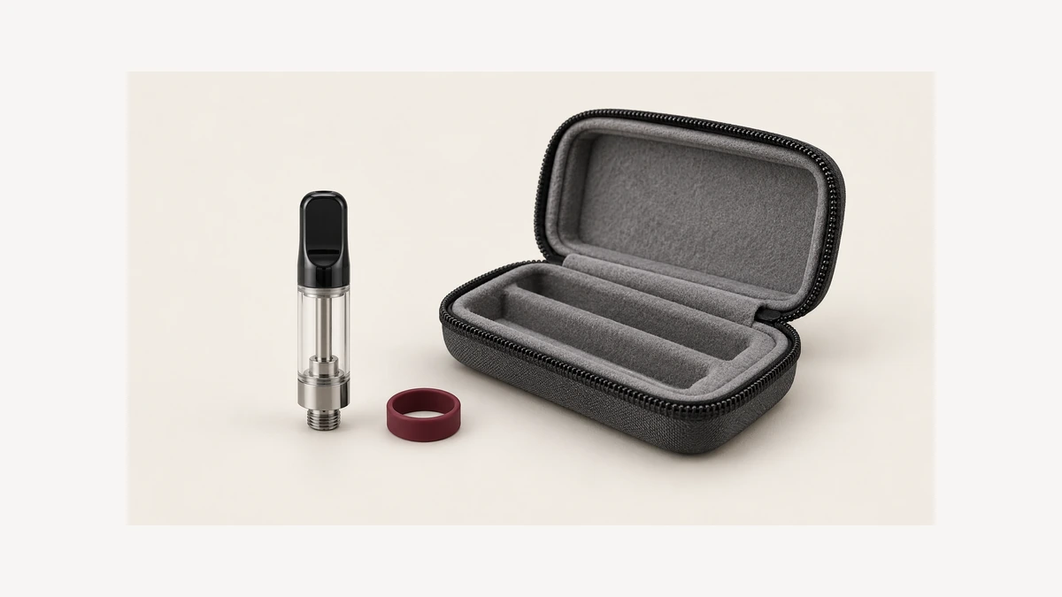 Empty oil cartridge and separate ring beside an open storage case