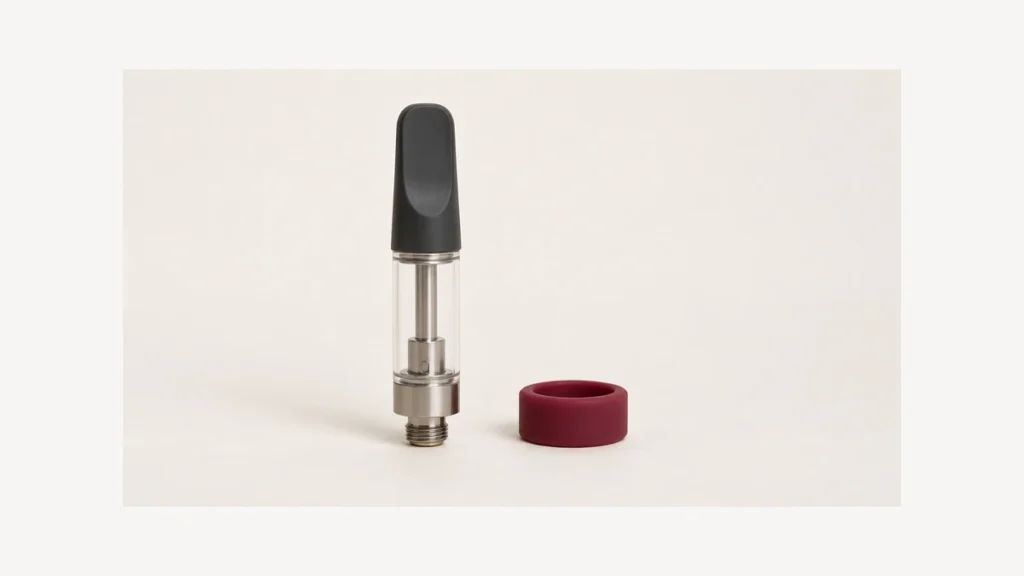 Empty oil cartridge beside a separate burgundy silicone ring
