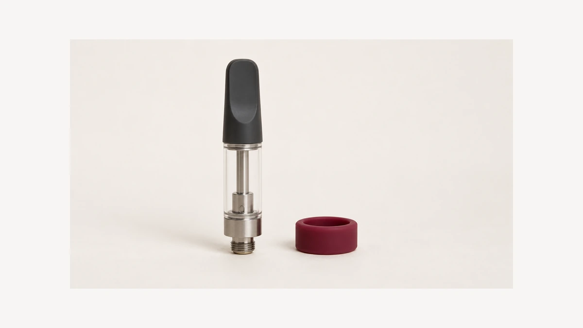 Empty oil cartridge beside a separate burgundy silicone ring