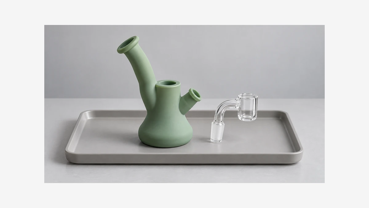 Empty silicone bubbler and separate fitting on a tray