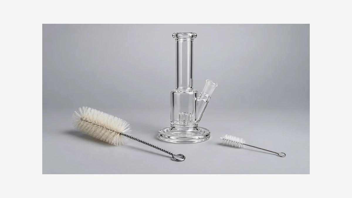 Empty straight neck glass rig beside two brush sizes Empty straight neck glass rig beside two brush sizes
