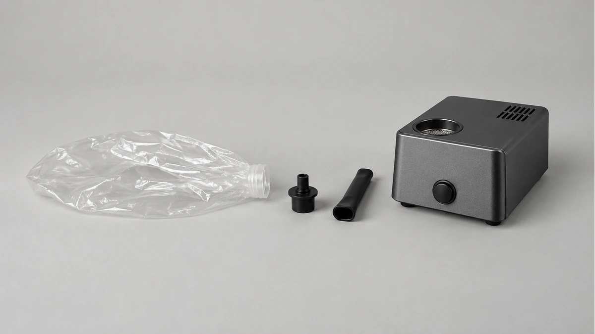 Empty translucent collection bag with valve and mouthpiece beside a desktop vaporizer