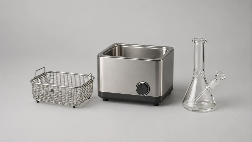 Empty ultrasonic cleaning bath and detached basket beside a separate empty glass water pipe