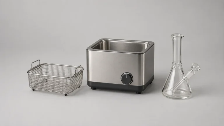 Empty ultrasonic cleaning bath and detached basket beside a separate empty glass water pipe