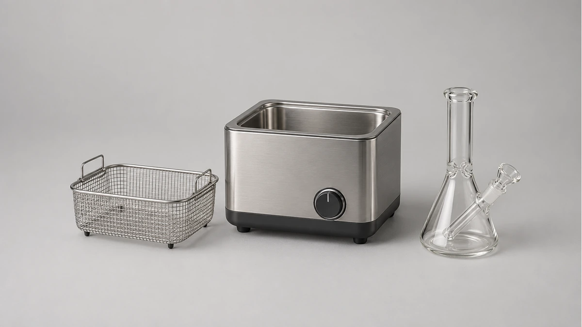Empty ultrasonic cleaning bath and detached basket beside a separate empty glass water pipe