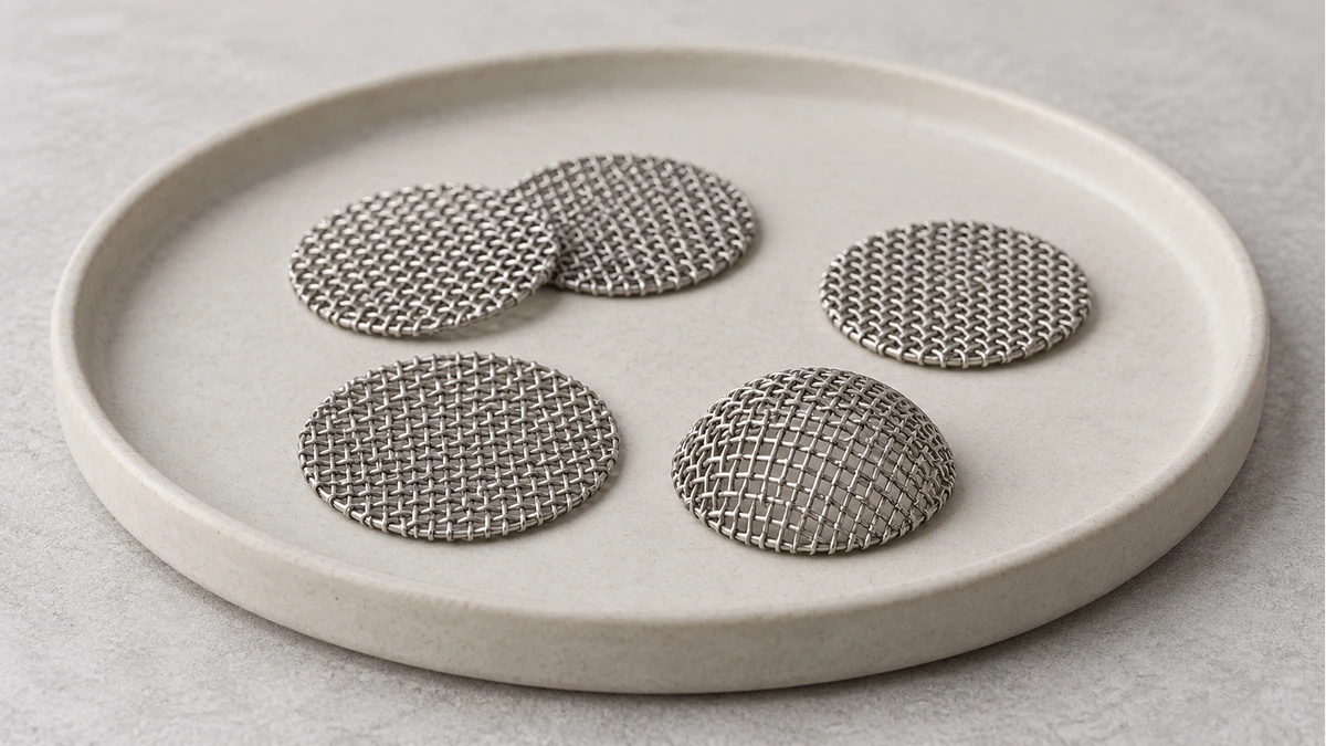 Flat and domed small woven metal mesh discs on a shallow tray Flat and domed small woven metal mesh discs on a shallow tray