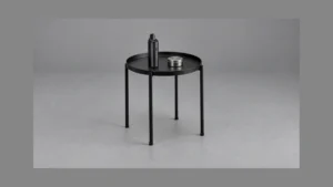 Freestanding raised edge side table with vaporizer and closed parts tin