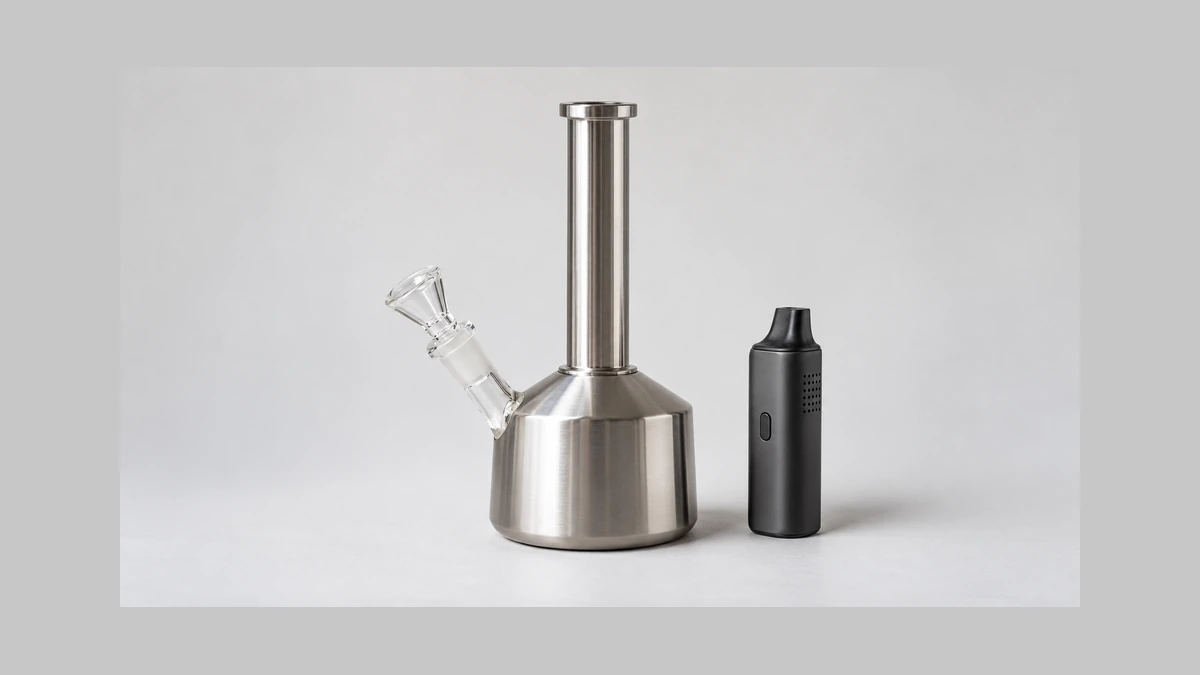 Generic steel water pipe beside a separate dry herb vaporizer Generic steel water pipe beside a separate dry herb vaporizer