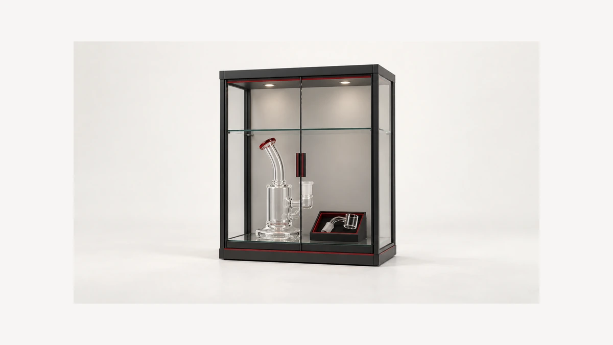 Glass display cabinet with an empty rig and separate small parts