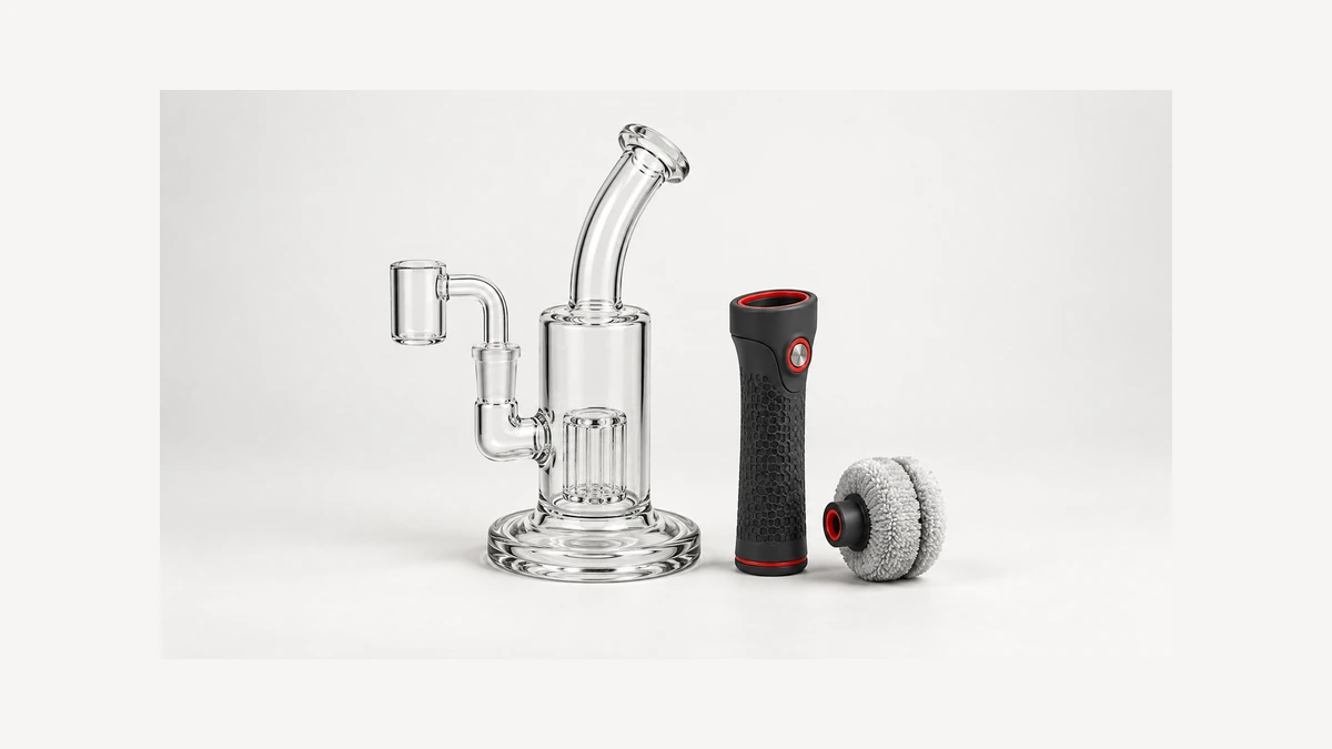 Glass rig beside an outer magnetic handle and inner pad