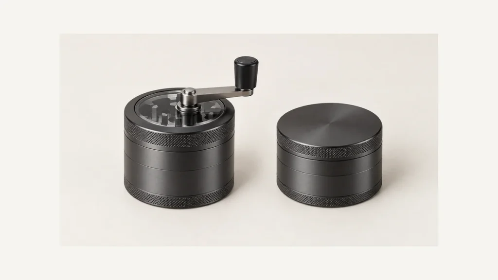 Complete crank-top herb grinder beside a conventional twist-top grinder