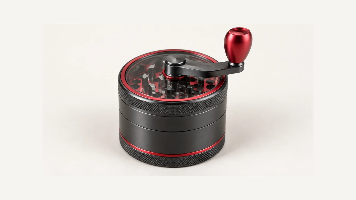 Whole herb grinder with offset crank arm and rotating knob