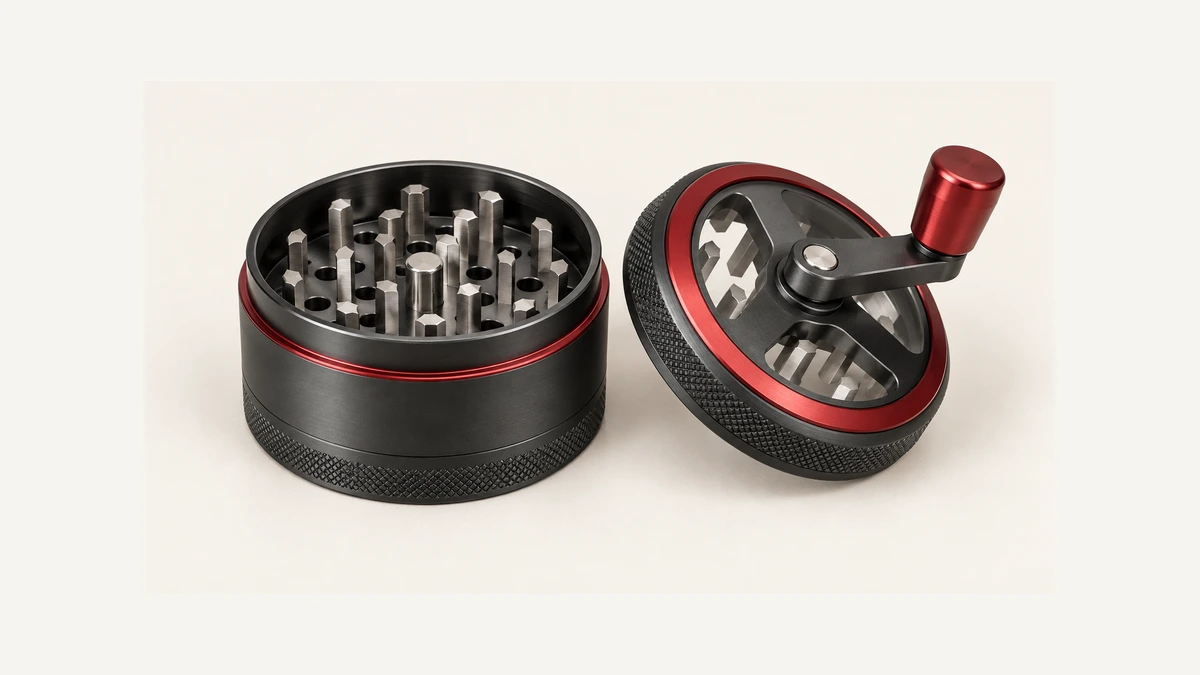 Crank lid beside an open empty herb grinder chamber