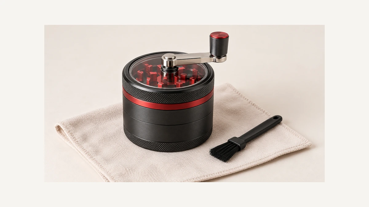 Crank-top herb grinder beside a soft brush and cloth