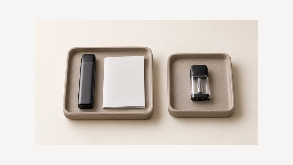 Inactive compact cartridge device beside blank manual and separate empty pod