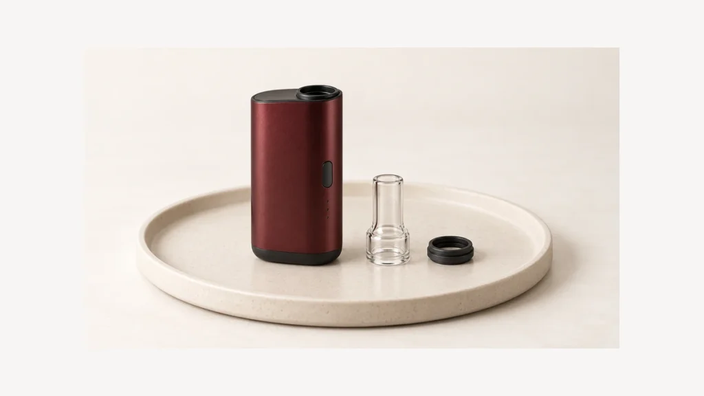 Inactive dry herb vaporizer beside separate glass mouthpiece and sealing ring