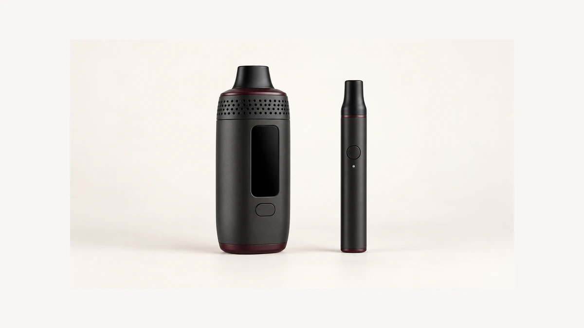 Inactive dry herb vaporizer with dark display beside opaque pen device