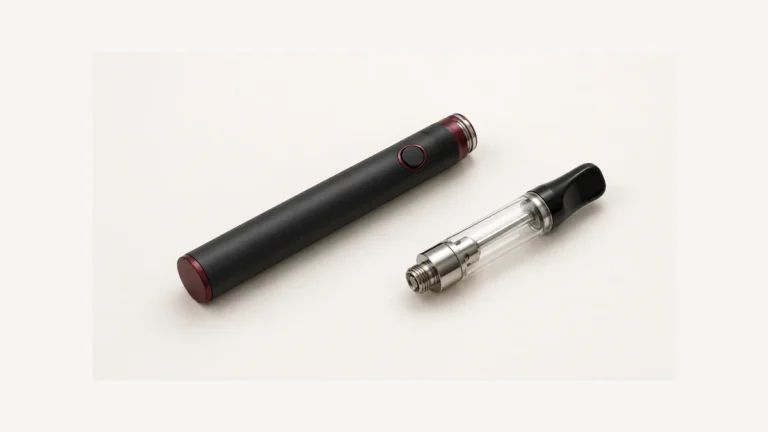 Inactive pen battery beside separate empty oil cartridge with threaded base