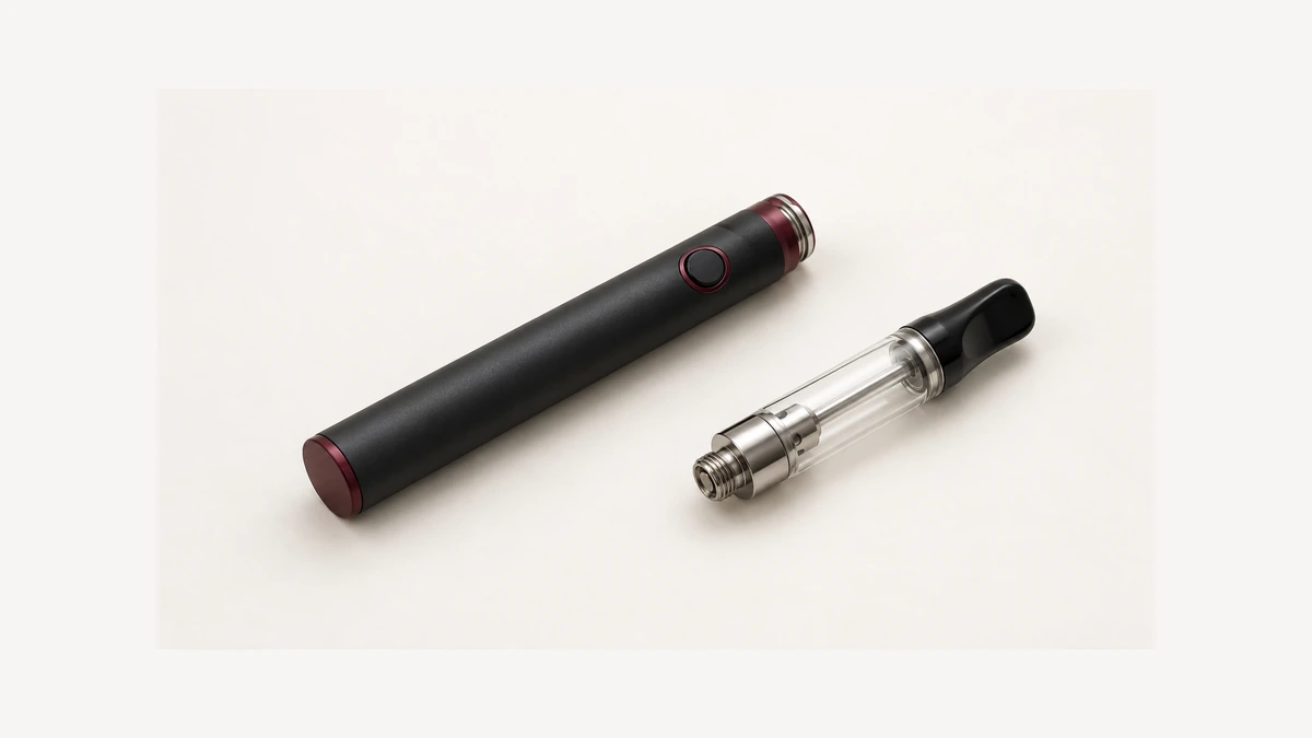 Inactive pen battery beside separate empty oil cartridge with threaded base