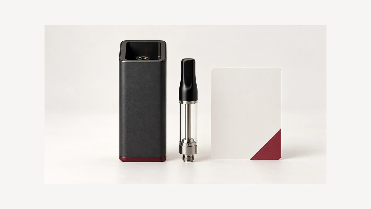 Inactive recessed cartridge battery beside empty oil cartridge and blank care card
