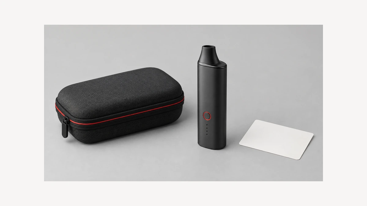 Inactive vaporizer beside closed accessory case and blank service card Inactive vaporizer beside closed accessory case and blank service card