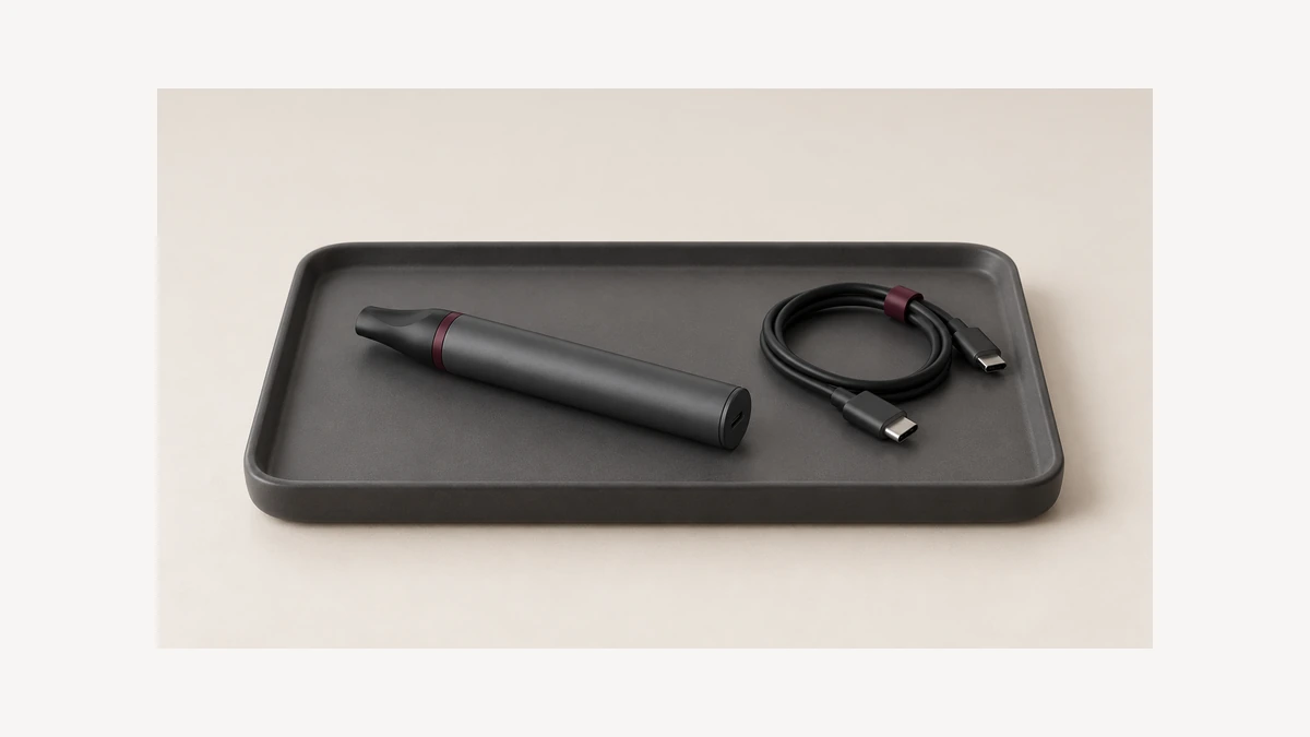 Inactive vaporizer pen and detached USB-C cable on an inspection tray Inactive vaporizer pen and detached USB-C cable on an inspection tray