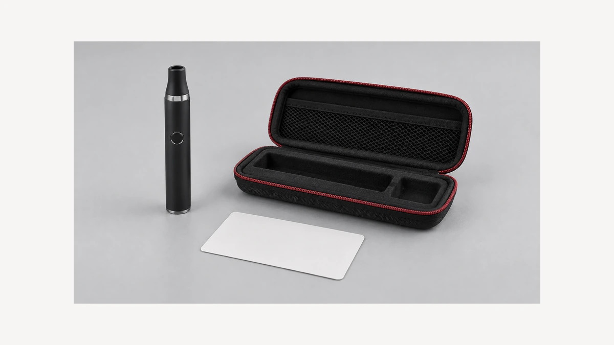 Inactive wax pen beside empty padded accessory case and blank card