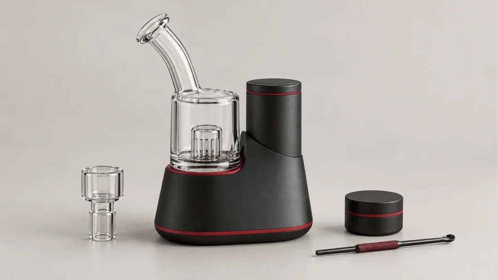 Conceptual countertop electric rig with glass attachment and separate accessories