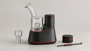 Conceptual countertop electric rig with glass attachment and separate accessories