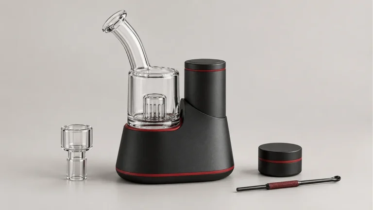 Conceptual countertop electric rig with glass attachment and separate accessories