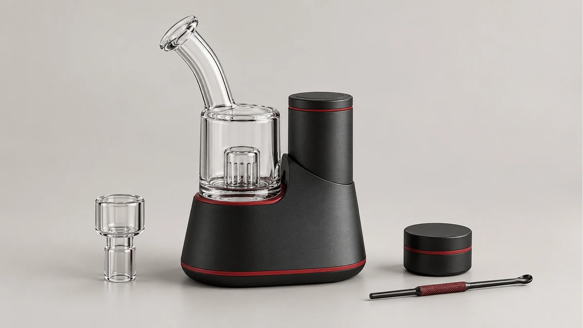 Conceptual countertop electric rig with glass attachment and separate accessories Conceptual countertop electric rig with glass attachment and separate accessories