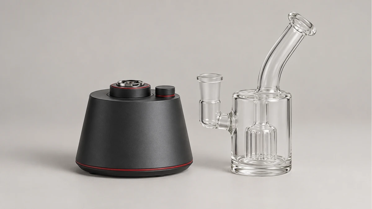 Countertop electric rig base beside a detached glass attachment Countertop electric rig base beside a detached glass attachment