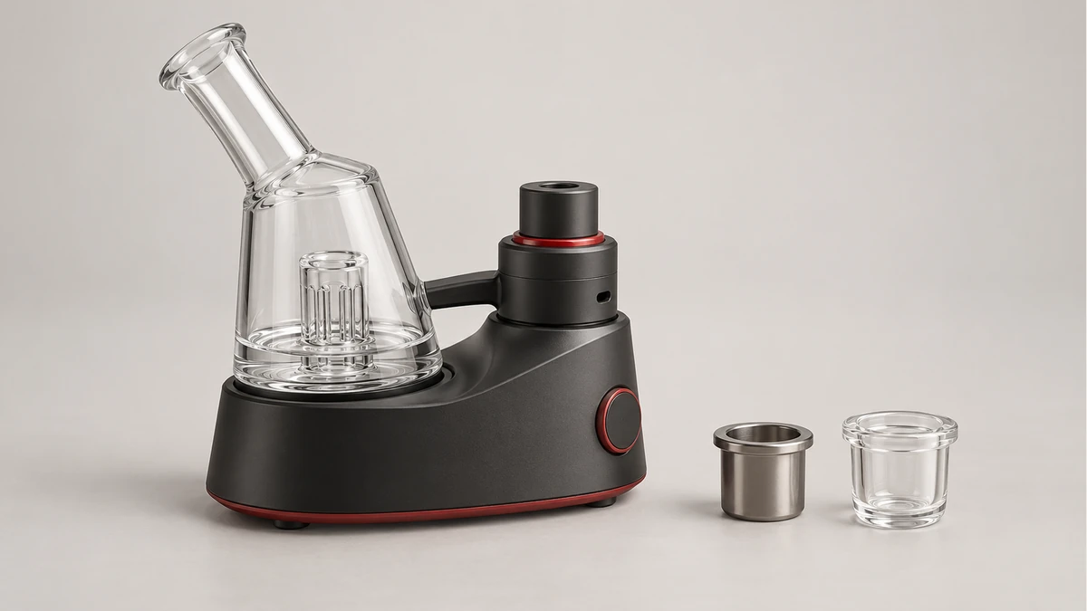 Conceptual electric rig beside a metal cup and clear insert Conceptual electric rig beside a metal cup and clear insert
