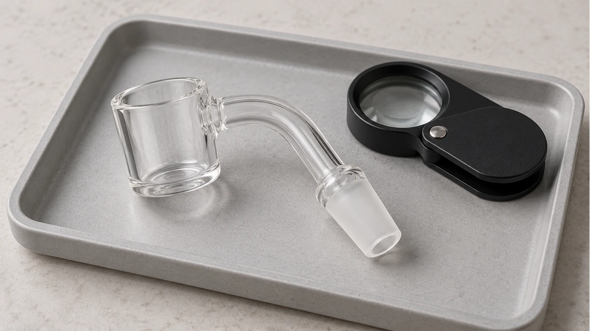 Intact clear bucket banger and magnifier on a shallow inspection tray