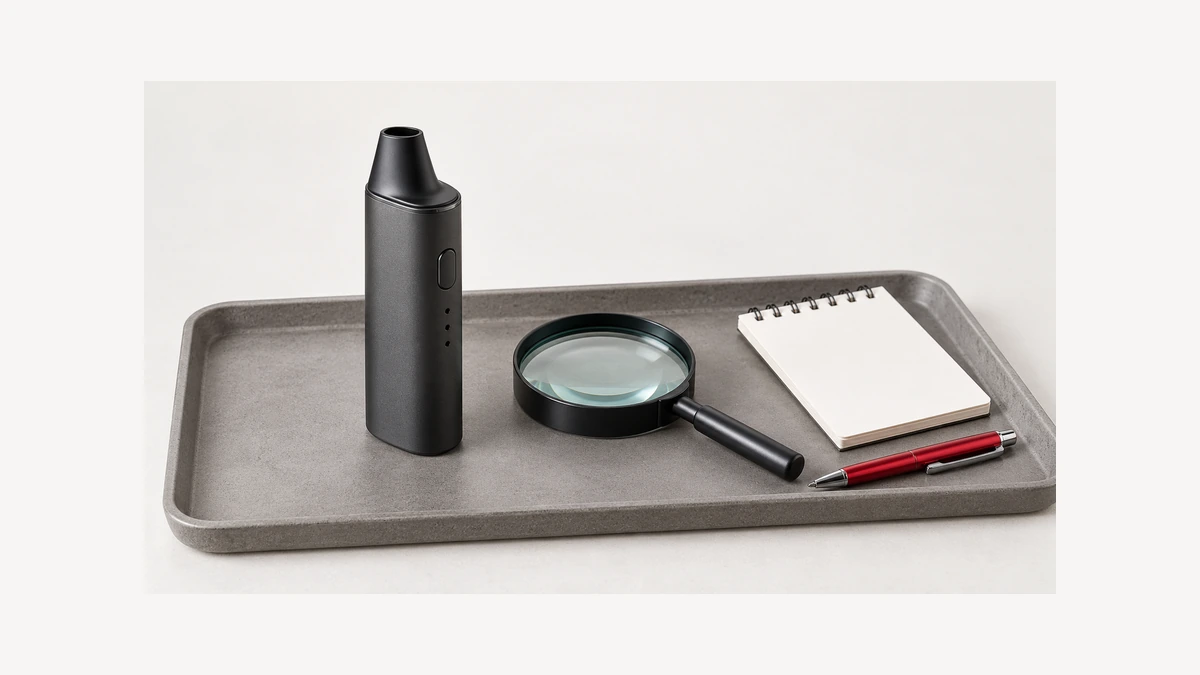 Intact unpowered dry herb vaporizer beside a magnifying glass and blank service note